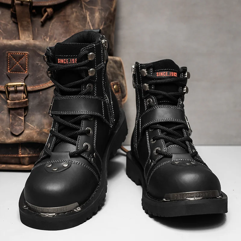 High Quality Men Snow Boots Metal Rivets Low Heel Trend Punk Rock Knight Boots Men's Leather Winter Cotton Shoes Motorcycle Boot