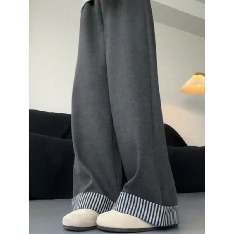 Thick Loose Pants Fall Winter Women Lazy Wind Striped Patchwork Warm Trousers Casual High Waist Office Lady Autumn Wide Leg Pant