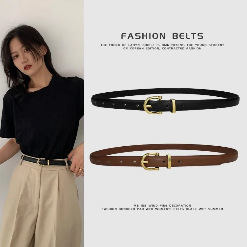 Simple Decorative First Layer Cow Leather Belt Gold Pin Buckle Thin Belt Women Trendy Waist Jeans Black Belt luxury brand