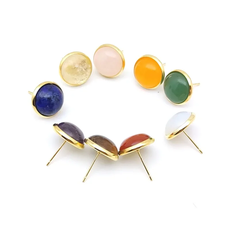 12MM Natural Stone Round Gold Color Stud Earrings Jewelry Tiger Eye Opal Blue Pink Green Crystal Earings Women Men Gift