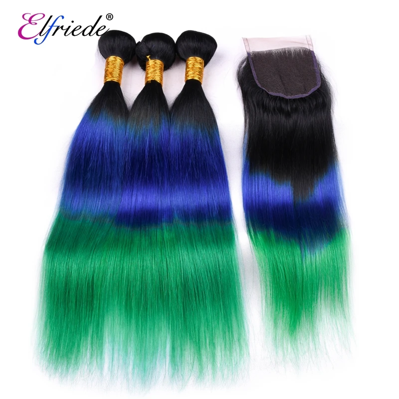 Elfriede Precolored #T1B/Blue /Green Straight Hair Bundles with Closure Human Hair Sew In Wefts 3 Bundles with Lace Closure 4x4