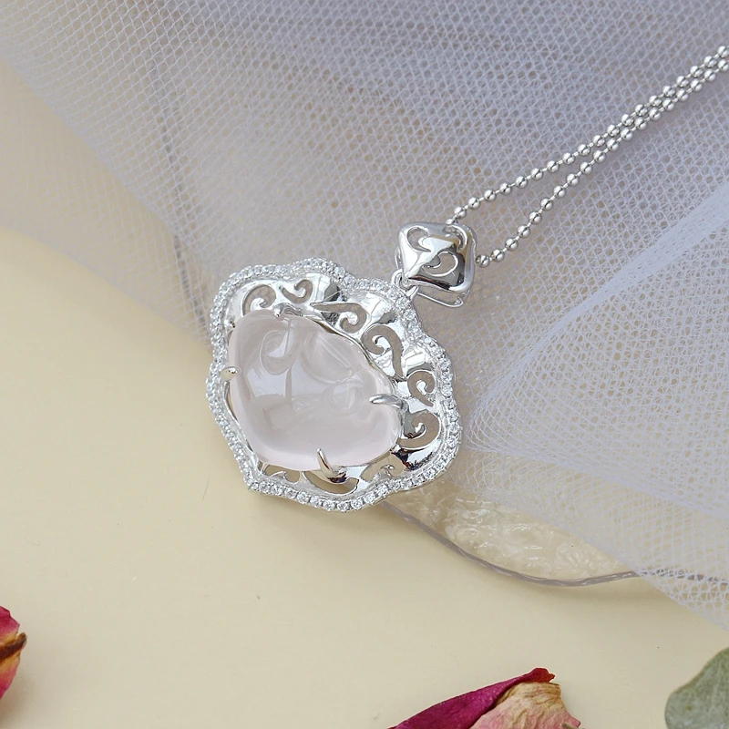 Authentic 925 Sterling Silver Pendant Inlaid Natural Rose Quartz Lady Retro Charm Silver Pendant National Style Jewelry Gift