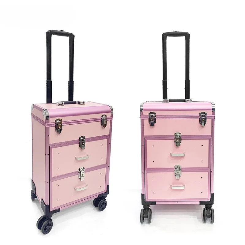 حقيبة مكياج للسفر بشعار شخصي، سعة كبيرة لمستحضرات التجميل من جلد البولي يوريثان، صندوق درج من سبائك الألومنيوم لجمال رموش الأظافر