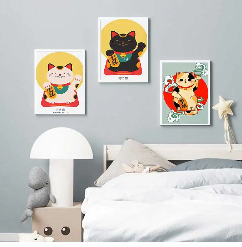 Maneki Neko Print Lucky Cat Wall Art Canvas Decor Japanese Cute Animals Poster Pictures For Living Room Kids Home Mural