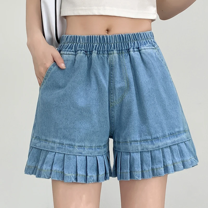 

Vintage Washed Elastic Waist Jeans Shorts Women High Waist Wide Leg Loose Casual Ruffles Denim Shorts Female Summer Shorts