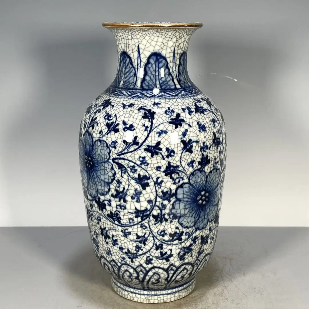 Crackle Glaze Blue And White Floral Pattern Porcelain Vase Chinese Collectible Cultural Play Decor Ceramic Flower Bottle