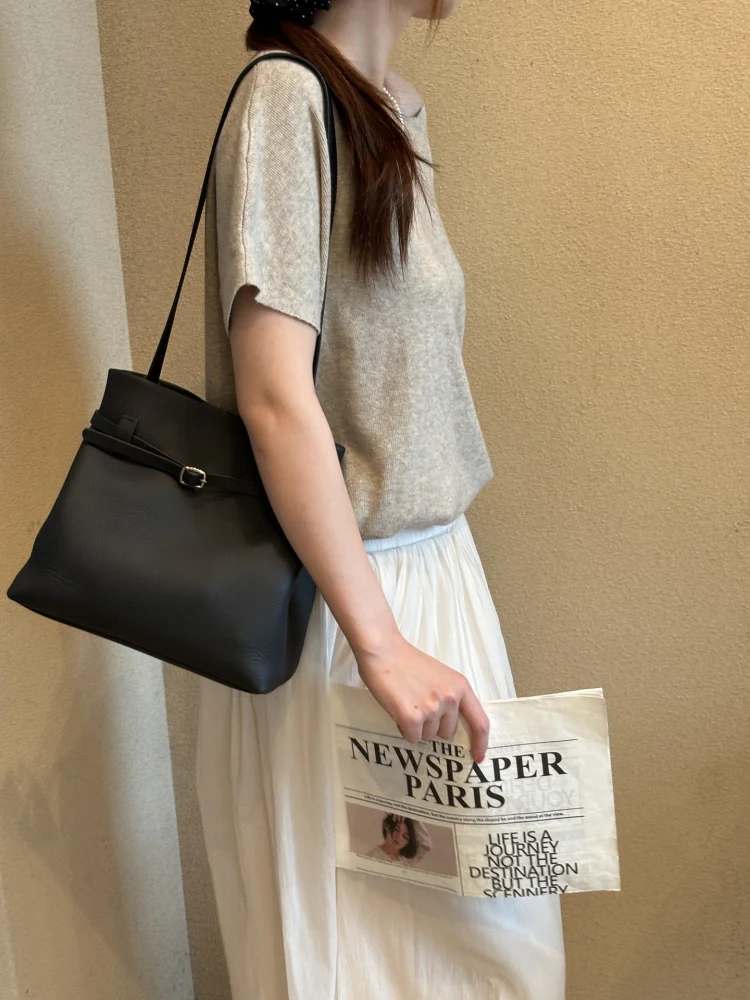 

MISMAN New Layer Cowhide Leather Tote Bag Simple Ele Commuting Single oulder Bag Buet ape Pure Color Magnetic Bule