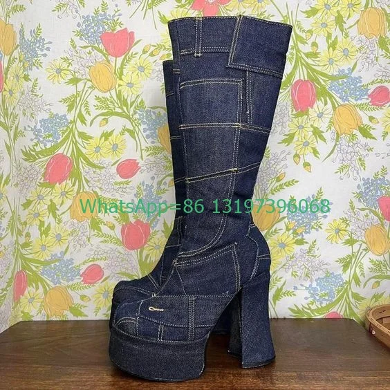 Lady Denim Washed Retro Distressed Design Knee Boots Dark Cowboy Jeans Chunky Heel Platform Boots Vintage Style Denim Boots Size