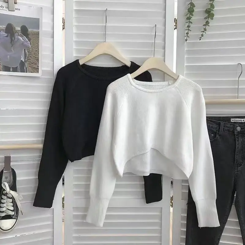 Women Cropped Sweater Vintage Streetwear casual warm preppy loose Knitting Pullovers solid chic Simple All match Jumpers