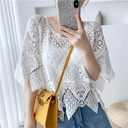 Simple Shawl Hollow-out Sweater Thin Artistic Pullover Blouse Women's Top