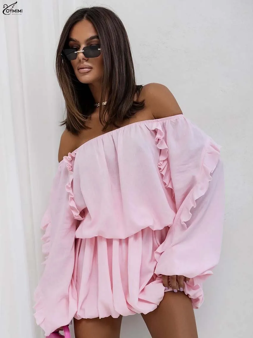 طقم مكون من قطعتين من القطن الوردي على الموضة من Oymimi للسيدات أنيق بدون حمالات وأكمام طويلة مكشكشة ومجموعة تنانير صغيرة بطيات عالية الخصر #2