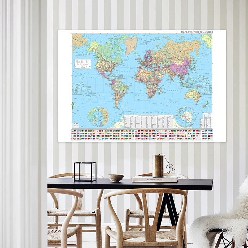 Mapa del mundo del idioma español de 150x100cm con banderas nacionales, póster de pared de ciudades importantes, pintura en lienzo, decoración, suministros escolares