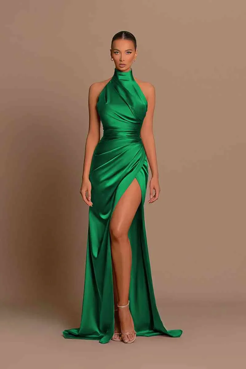 Fashion vane 2024 Scheide High Neck ärmelloses Satin Plissee boden lang High Side Slit Long Ballkleid Abendkleid