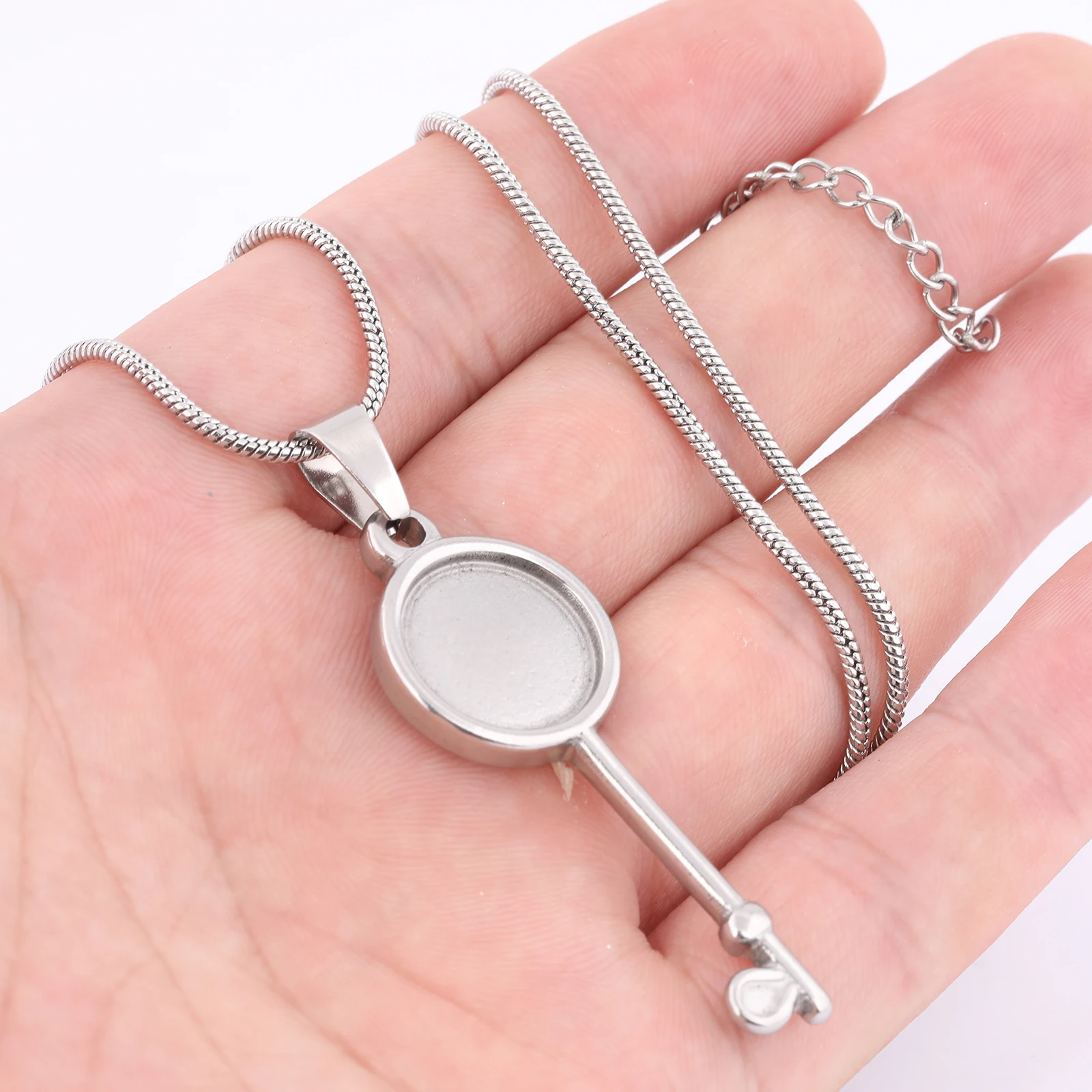 2pcs Stainless Steel Key Charm Necklace Bezel Blanks Fit 14mm Cabochon Pendant Base Setting Trays Diy Jewelry Making Supplies