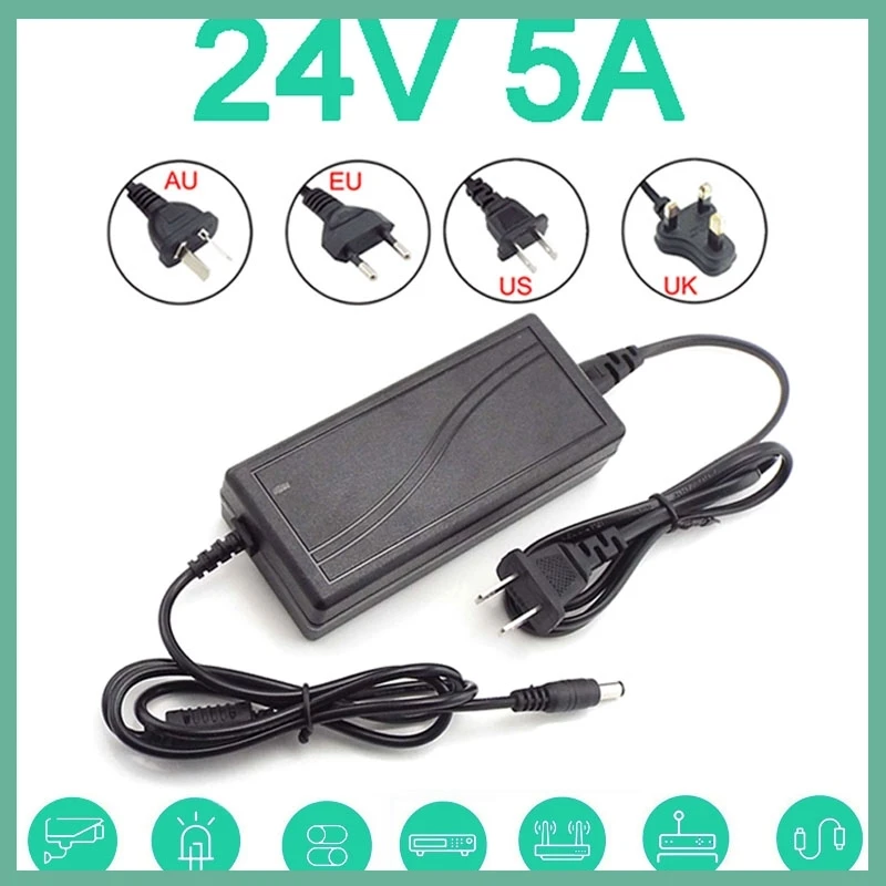 5.5x2.5mm 24V 5A Power Supply Adapter Converter Charger AC DC 110V 240V Transformer Charging for LED Light CCTV Camera E3
