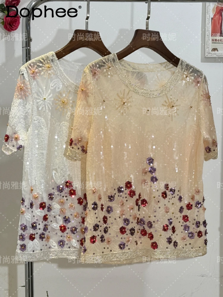 

Fashionable Versatile Short Sleeve High-Grade Flower Sequin Bead Round Collar Gauze Top Summer See-through Trendy Women Clothing