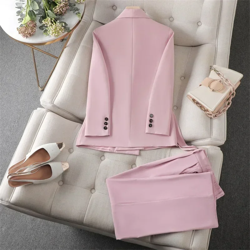 Pink Women Suits 2 Piece Blazer+Pants Cotton Spring Office Lady Business Work Wear Fashion Girl Coat Trousers Prom Dress