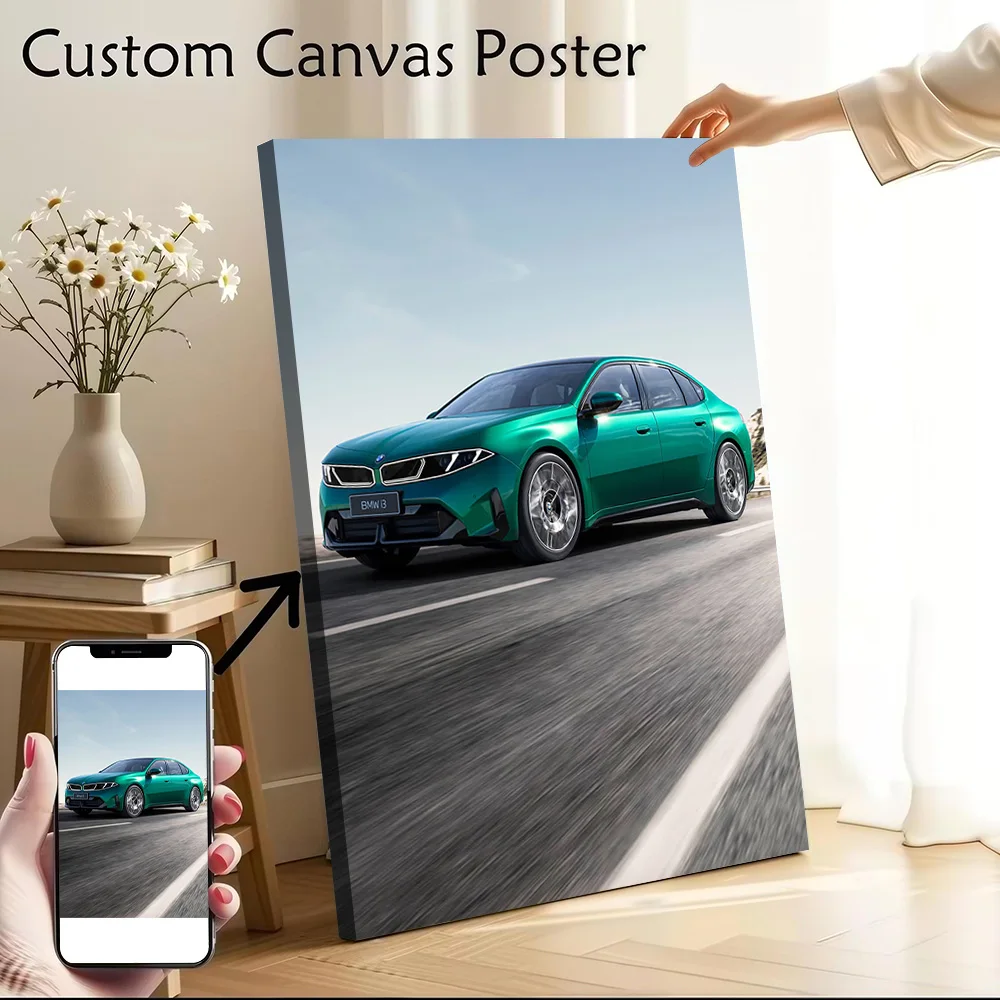 Green Sports Car Sedan on a Highway Poster Canvas Wall Art Custom Photo Print Modern Painting for Fans Decoration Living Room