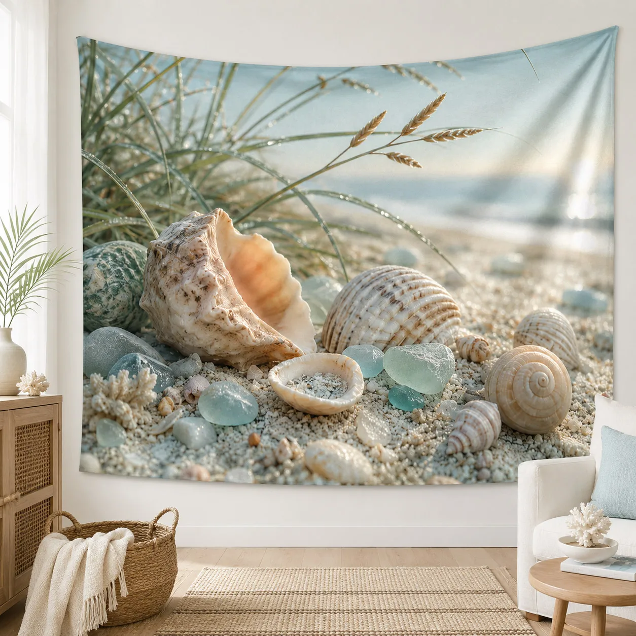Coastal Ocean Tapestry Wall Art Sea Shell Beach Woven Blanket Summer Landscape Room Decoration Aesthetic Photo Background