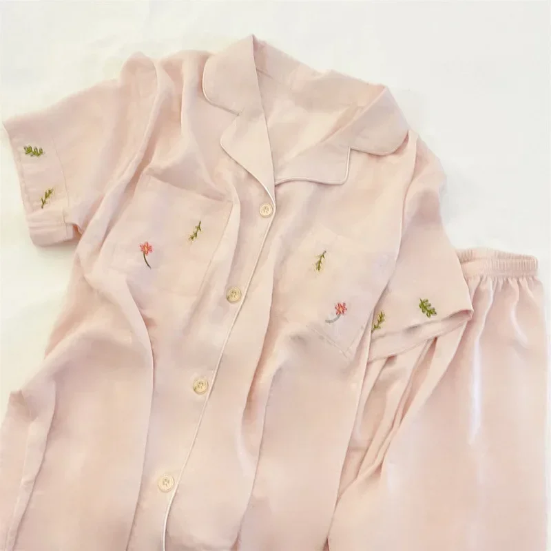 Pajamas Women's Ice Silk Short-sleeved Pajamas Suit Jacquard Plaid High-grade Home Wear Pajamas Nightwear Nightie Sleepwear