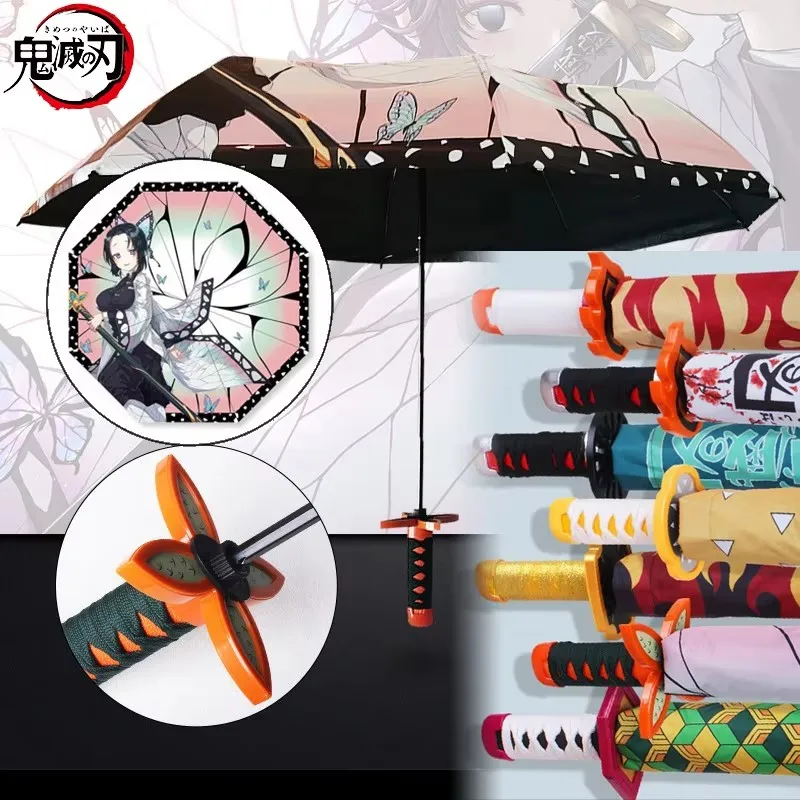 Demon Slayer Katana Umbrella Folding UV Blocking Parasol Anime Raincoa Shinobu Real Japanese Katana Samurai Sword Umbrella Gift