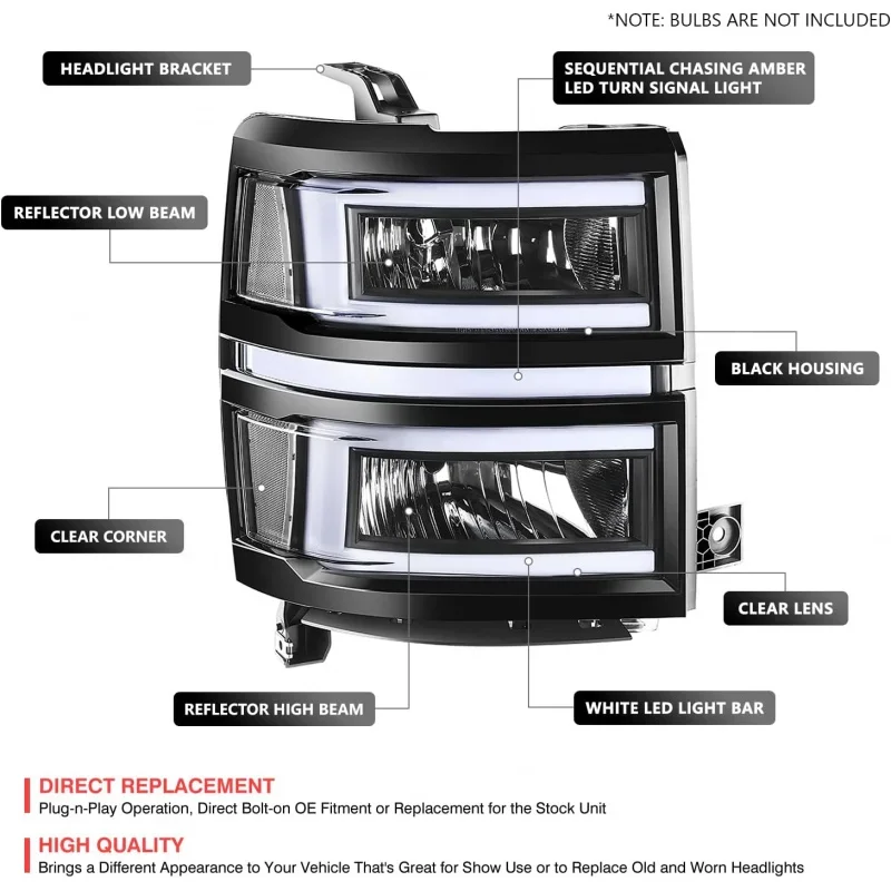 Pair of Headlights C-Style 3D Light Bar/Sequential Turn Signal Compatible With 14-15 Chevy Silverado 1500, Black Housing/Clear L