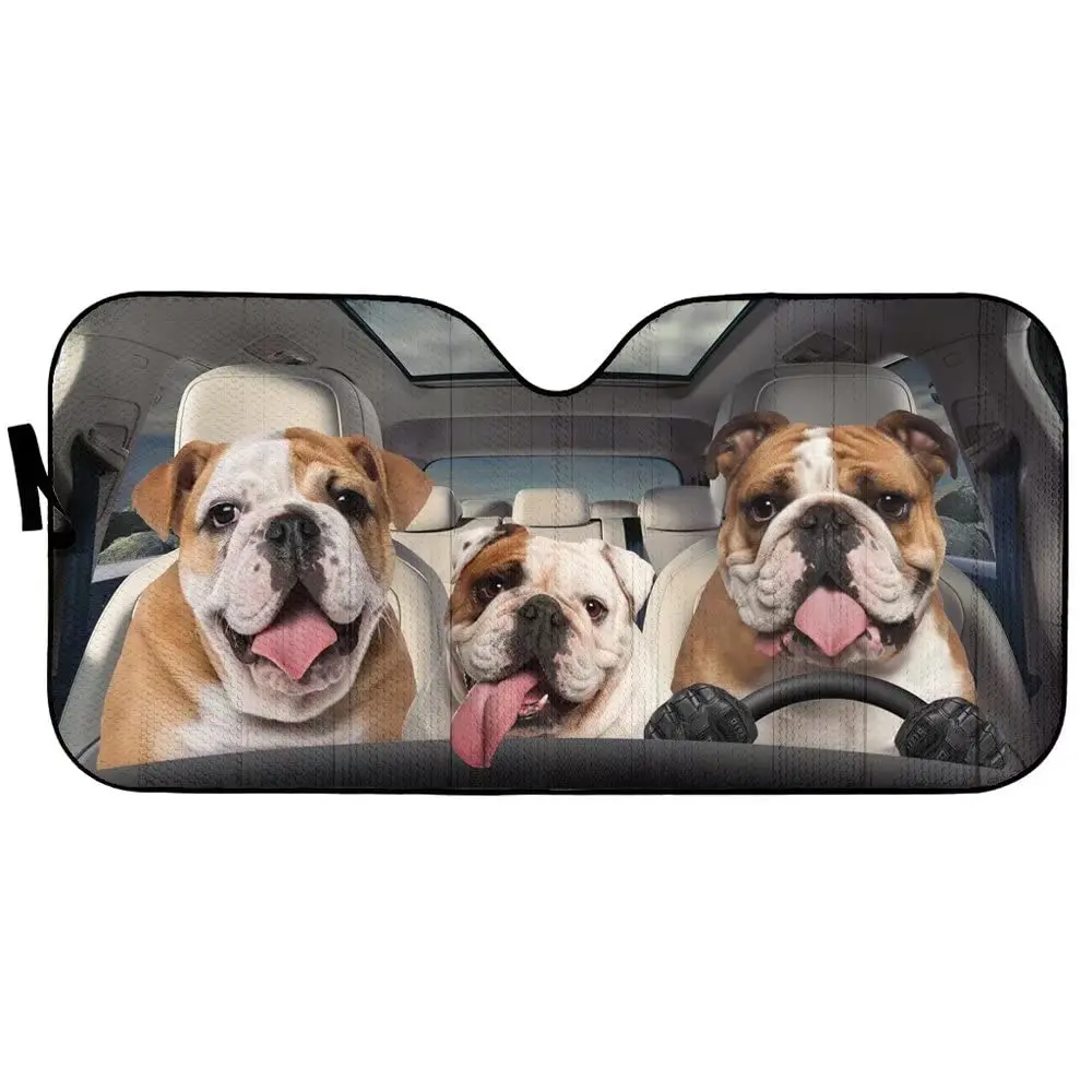 English Bulldog Driver Car Sun Shade Dog Family Auto Front Window Windshield Animal Car Sunshade Anti-Sunlight Automotive Cover