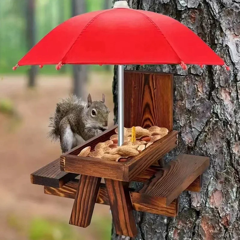 Wooden Squirrel Feeder Bird Pet Dining Table Bench Hanging Feeding Table Mini Umbrella Ornaments