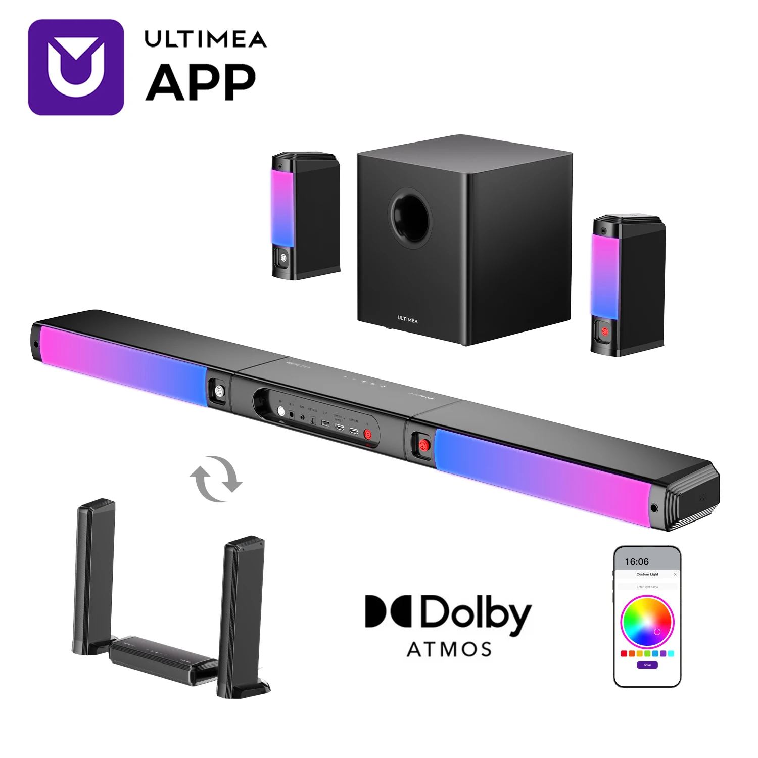 Съемная звуковая панель ULTIMEA Apollo S90 9,1 канала Dolby Atmos с RGB-подсветкой, управлением через приложение, системой объемного звучания домашнего кинотеатра для телевизора