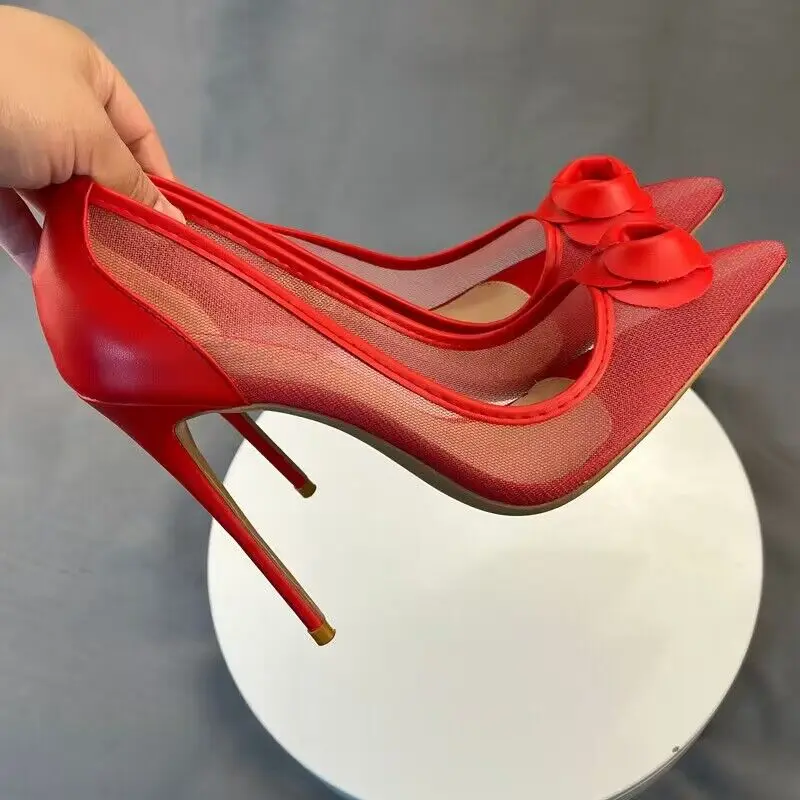 Tikicup Red Matte Women Summer Gauze Transparent Pointy Toe High Heel Shoes for Wedding Party Elegant Ladies Stiletto Pumps