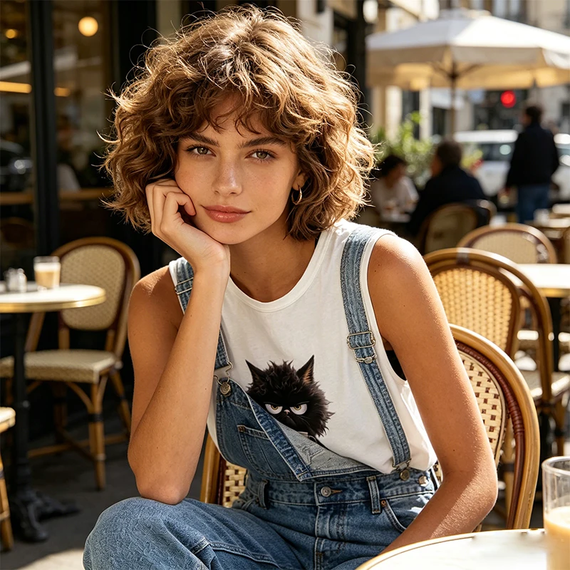 2026 New Women Spring Summer Cute Cat Graphic Print Sexy Crop Tops Funny Sleeveless Round Neck Tank 90s Hip Hop Girl Streetwear