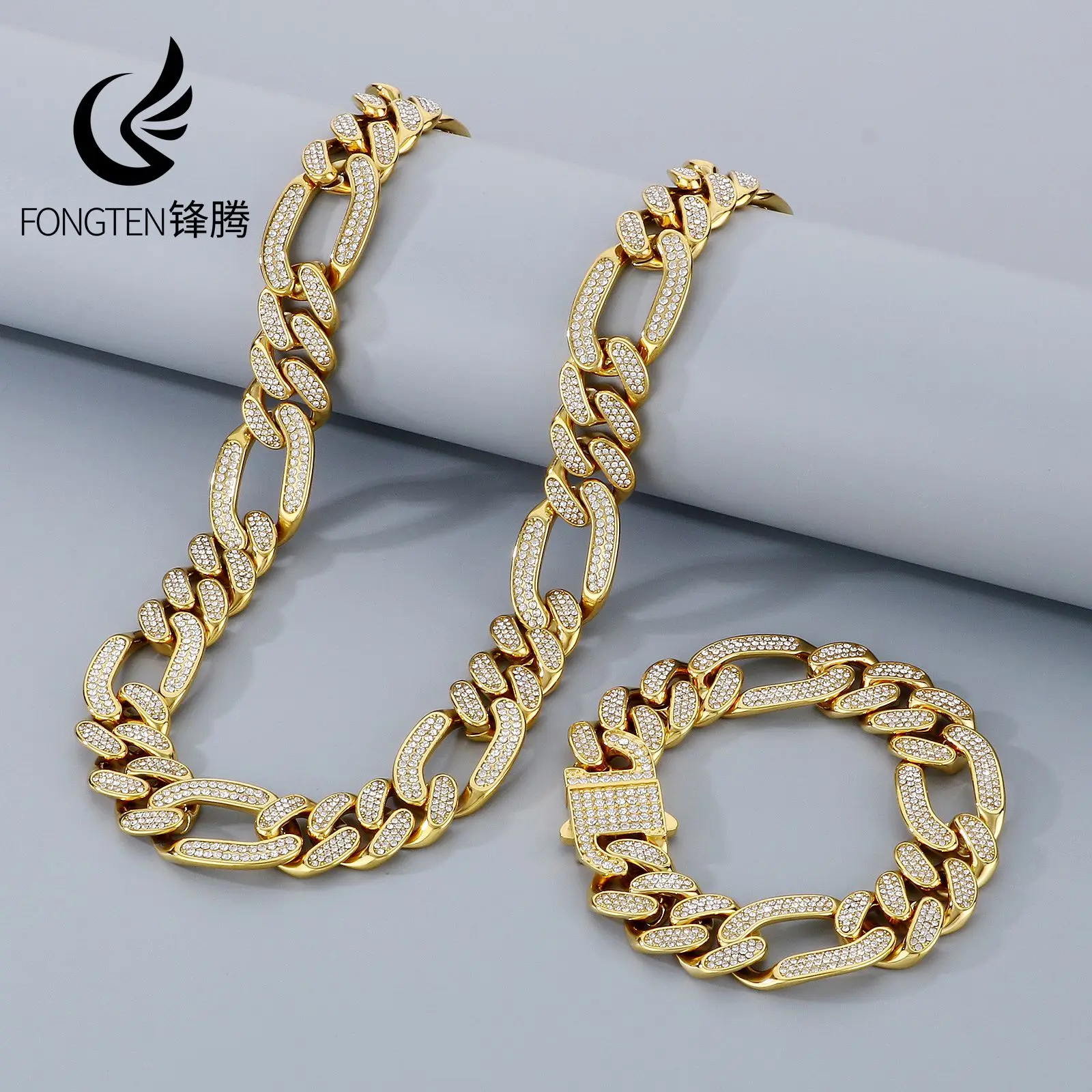 

Fongten Trendy Cuban Chain Rhinestone Stainless Steel Men's Jewelry Set Street Bracelet Rap Hip Hop Hollow Out Accessories Gifts