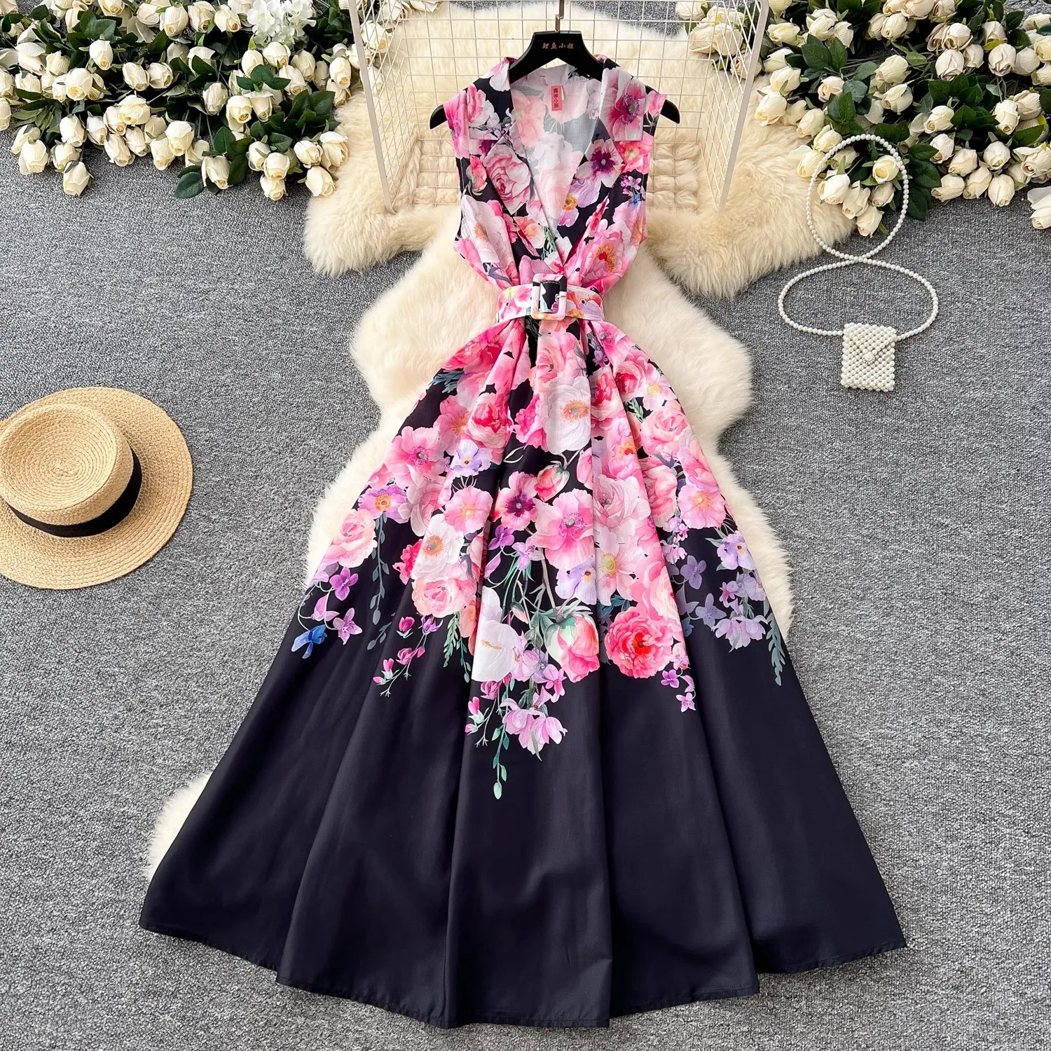 Elegant Flower Print Single Breasted Sashes Vintage Turn-Down Neck Sleeveless Slim Long Dress Evening High Street Beach Clothing