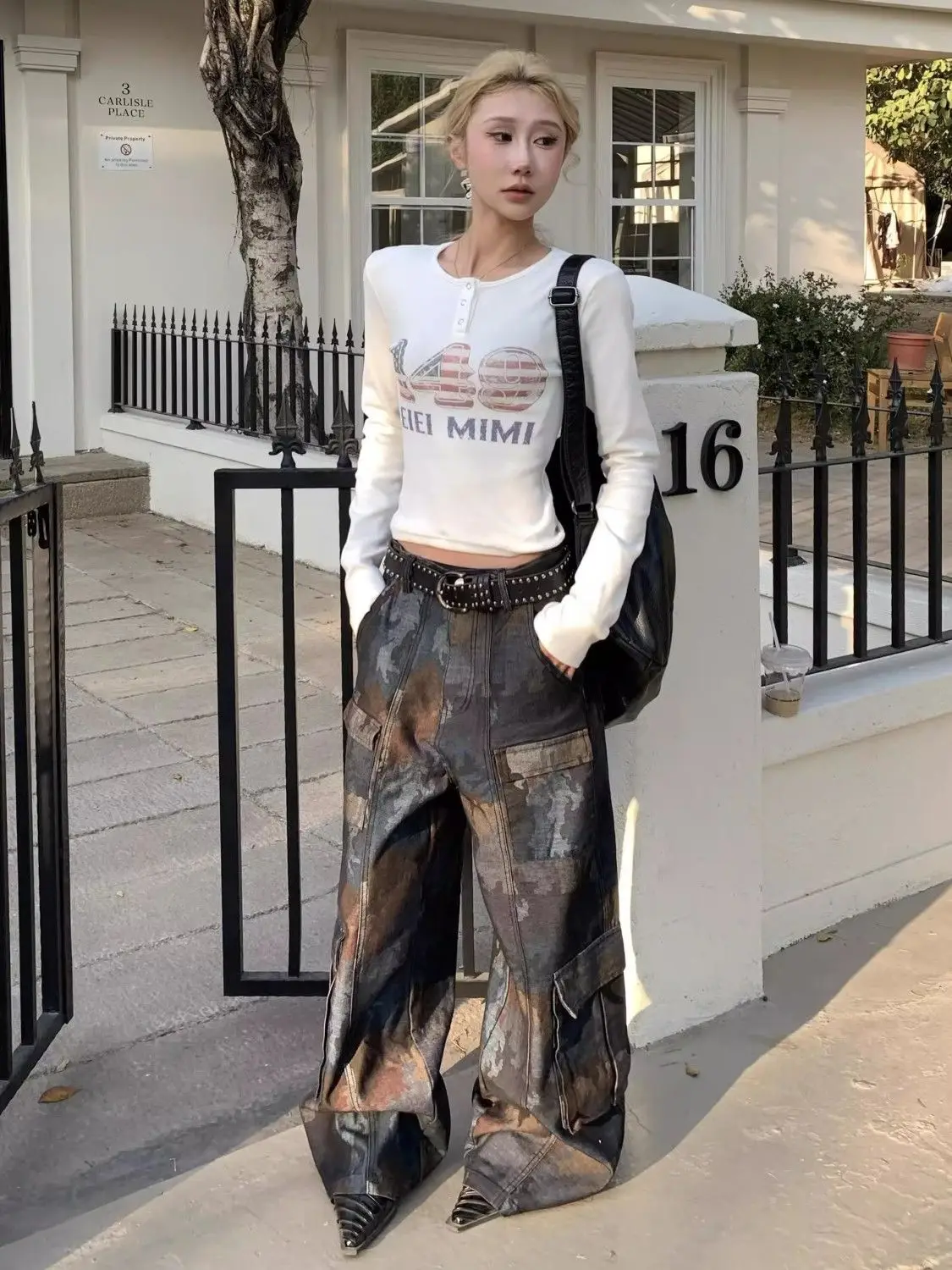 Jeans da lavoro multitasche con giunture mimetiche di nuovo stile da strada retrò per donna Pantaloni casual larghi dritti a gamba larga americani