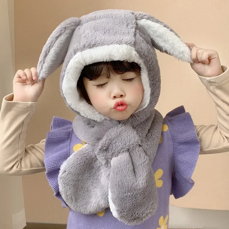 Sweet Baby Hat Scarf in One for Boys Girls Cute Autumn Winter Cartoon Cute Rabbit Ear Plush Warm Hats Children\'s Windproof Cap