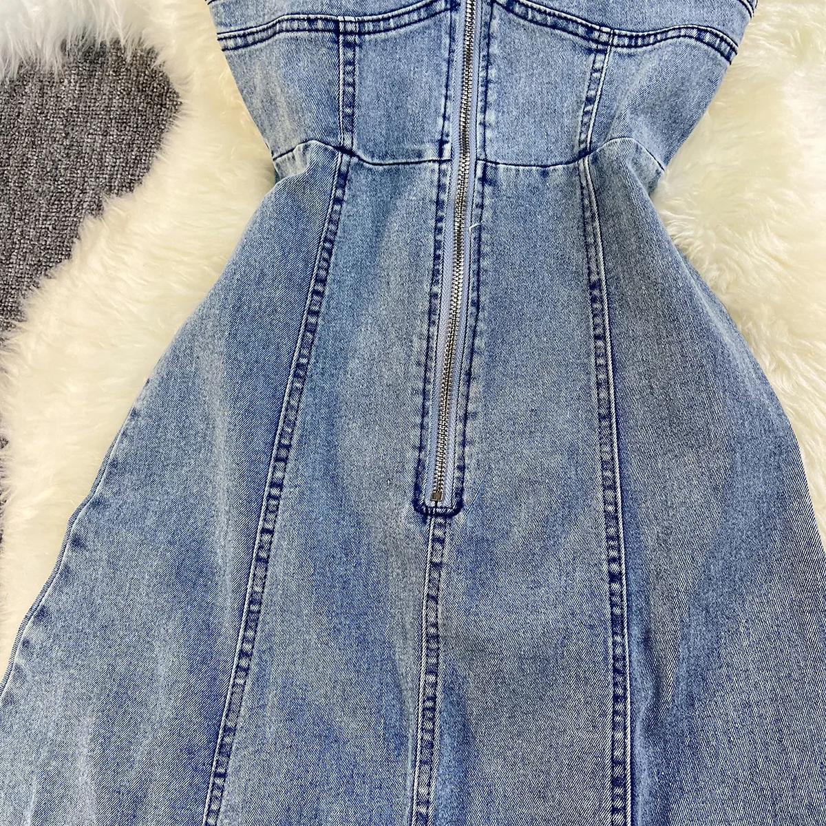 Long Denim Dress Women Dresses A Line Slim Fit Vestidos Zipper Sling Sleeveless Streetwear Elegant Splice Y2k Party Jeans 2025
