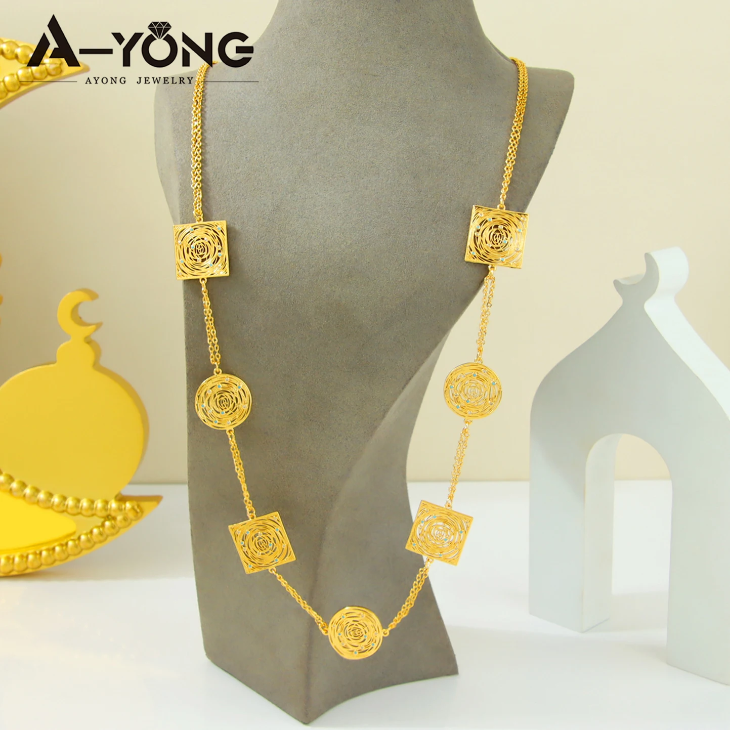 Luxury Dubai Muslim Long Necklace 21k Gold Plated Arabic Bridal Vintage Wedding Chains Algeria Women Marry Party Jewelry