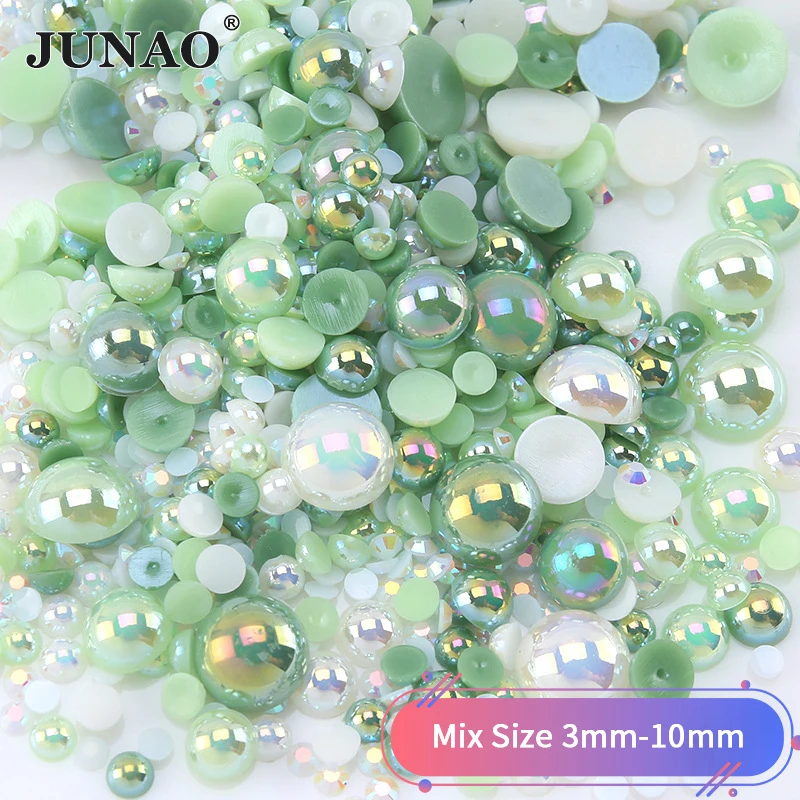 JUNAO 3mm-10mm Mix Size Flatback Pearls AB Rhinestone Imitation Half Round Pearl Non Hot Fix Crystal Stones DIY Clothe Crafts