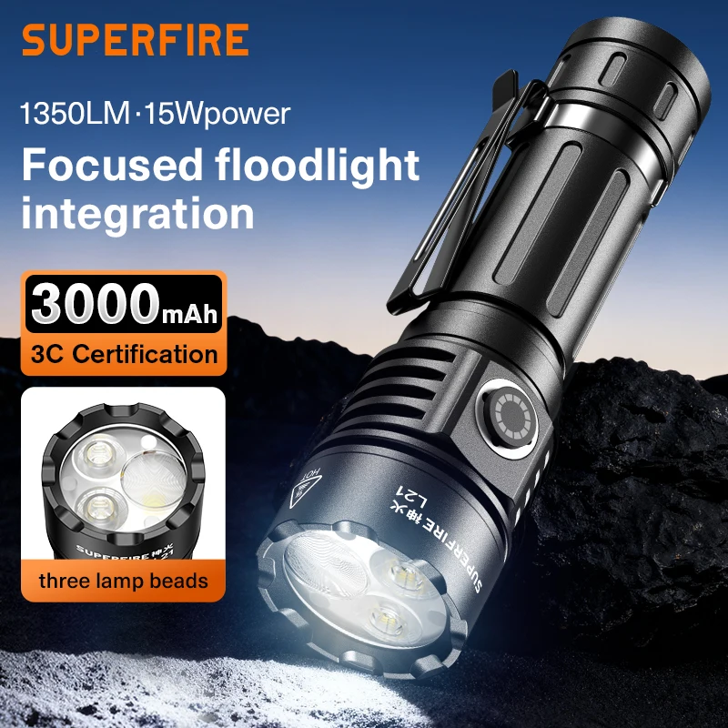 

SUPERFIRE L21 15 Вт Многоступенчатый фонарик с 3 светодиодными бусинами Перезаряжаемый фонарик Многофункциональный рабочий фонарь с аккумулятором Уличный фонарь