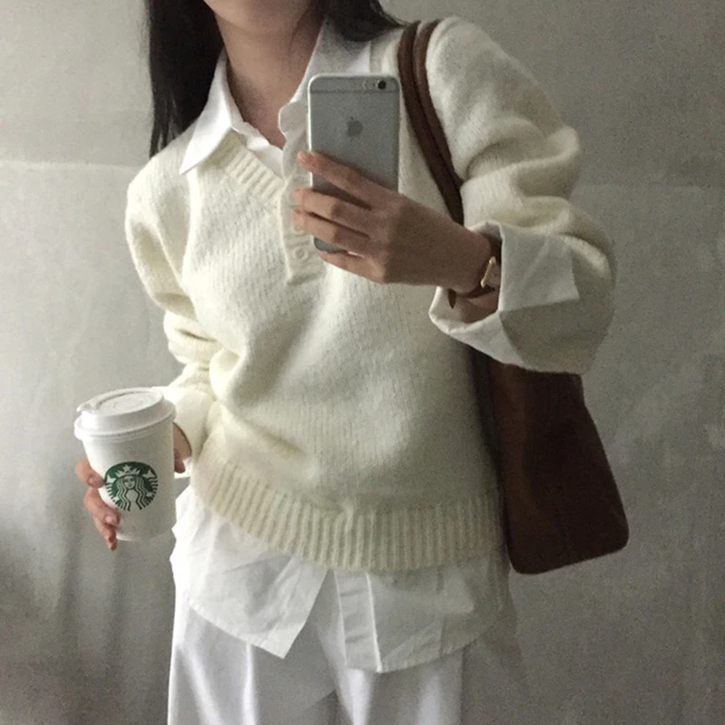 Sweter patchworkowy streetwear damski, modny, z długim rękawem, dzianinowy pulower, koreański kołnierzyk, dzianiny, zimowe swetry codzienne