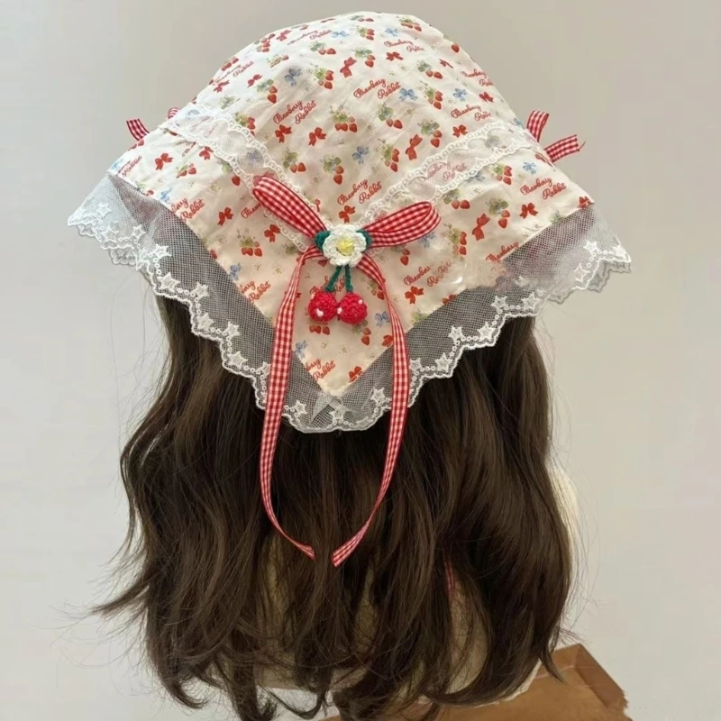 Plaids Hair Scarf Lace Bandana Head Wrap Cottagecore Strawberries Hair Tie Lace for Adults Creative Elegant Headwear