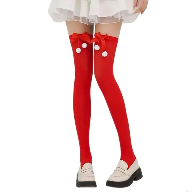 L5YC altas hasta muslo rojas para mujer con lazo, navideñas por encima rodilla, disfraces Halloween,