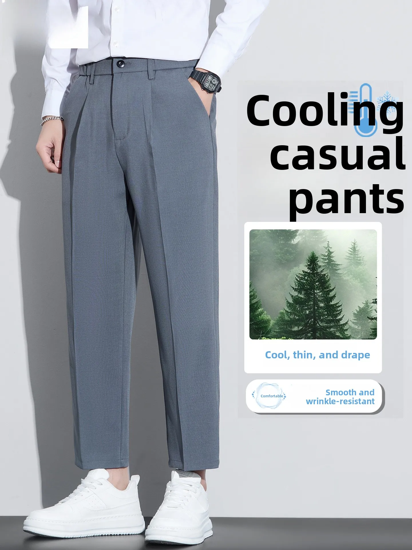 

Летние мужские повседневные брюки из ледяного шелка, свободные, прямые, эластичные, струящиеся, в деловом стиле, новые 2026KEIDENLION