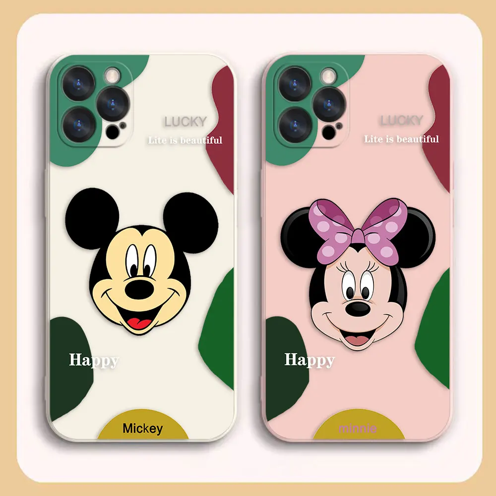 Phone Case For iPhone 14 13 12 11 Pro XS Max Mini X XR 7 8 15 Plus Colour Simple Funda Capa Case Color Match Mickey Minnie Mouse