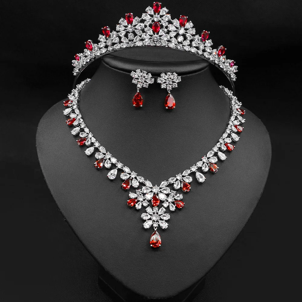 

jewelry Set zircon drop Necklace earrings Tiara FAHSION WEDDING women’s Vintage red green blue silver