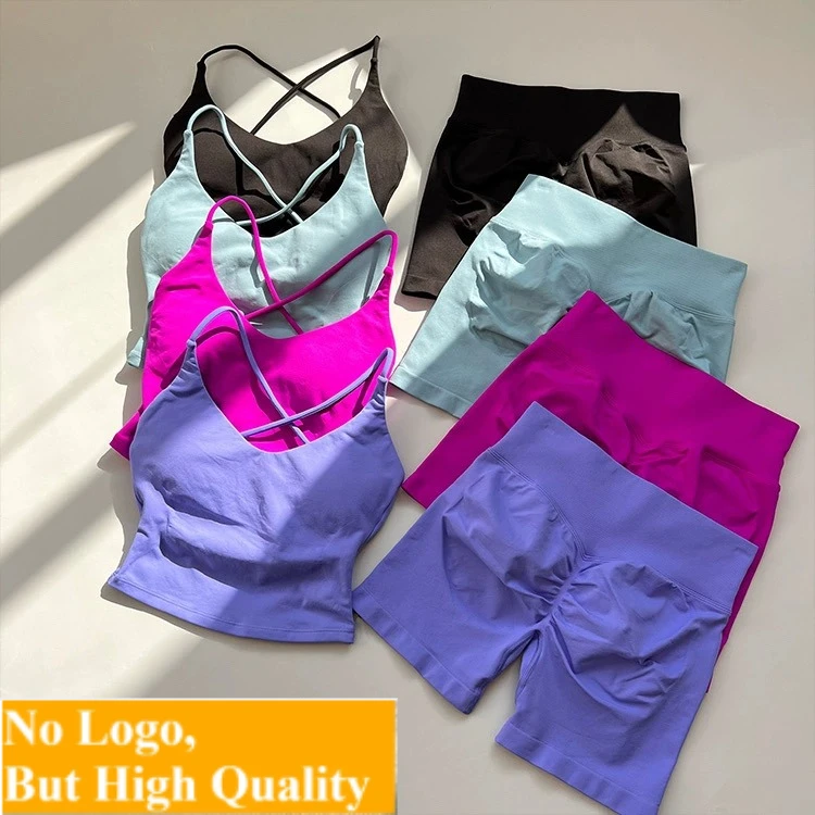 2 Pieces Gym Set Women Seamless Backless Strappy Top High Waist Yoga Shorts Gym Suit Fitness Clothes Sportswear Workout Sets