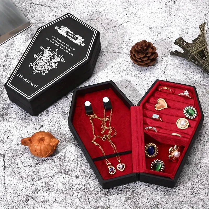 Portagioie gotico Custodia organizer multiscomparto per bara in PU per orecchini, collane, anelli, regali di Halloween per donne
