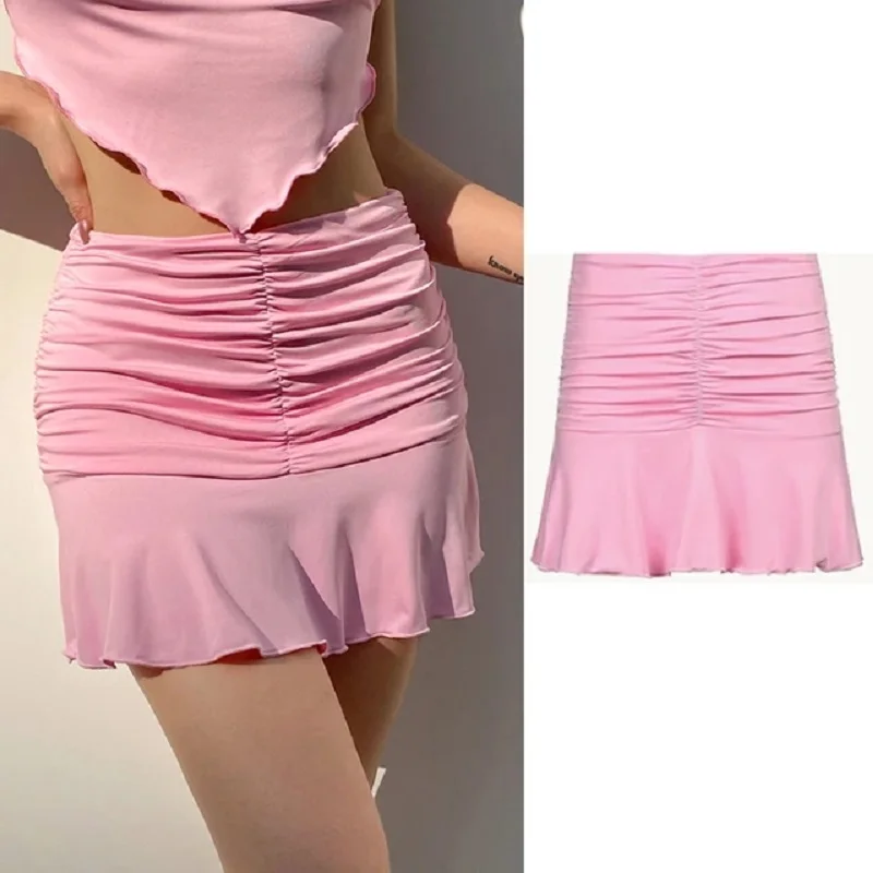 Women High Waist Sexy Sweet 90s School Girls Mini Skirts Pink College Style Pleated Skirt  New Summer Trendy Ruched Shorts Skirt