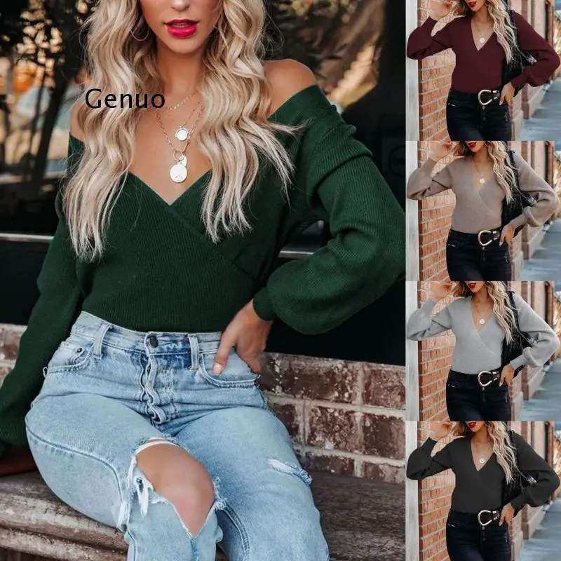 

2022 Autumn and Winter New Solid Color Sweater Women's Fashion V-Neck Long Sleeve Pullover Sweater Knitwear Women's Top