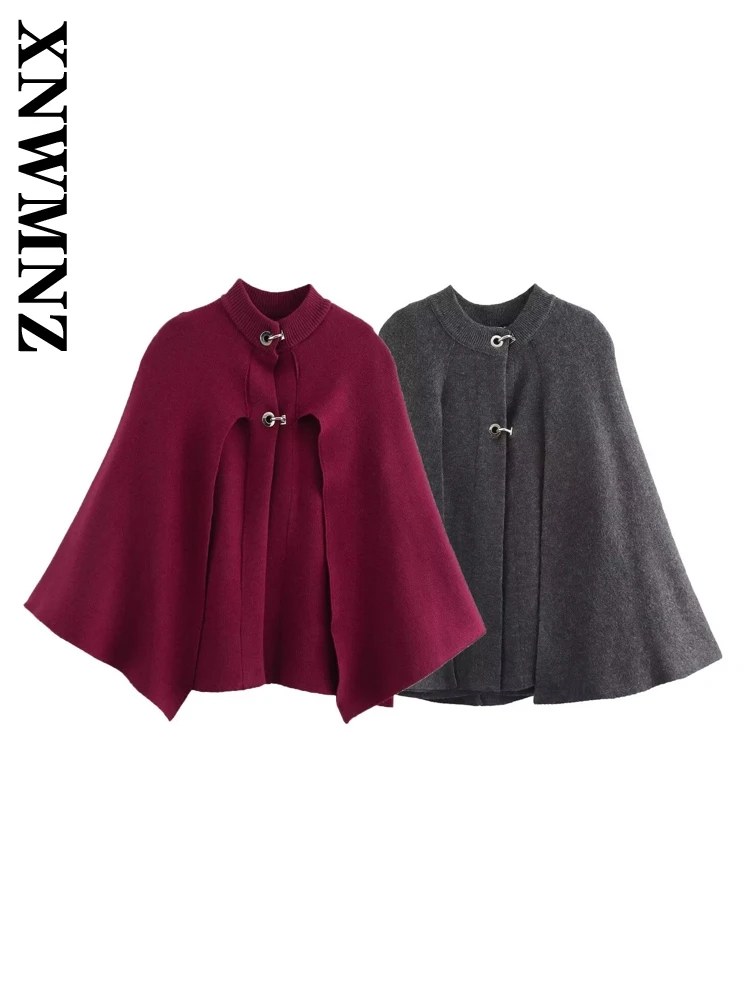 XNWMNZ 2024 Autumn Woman's Fashion O-Collar Knit Cape Cloaks Vintage Woman Long Sleeve Coat Loose Fit Windproof Top Ponchos